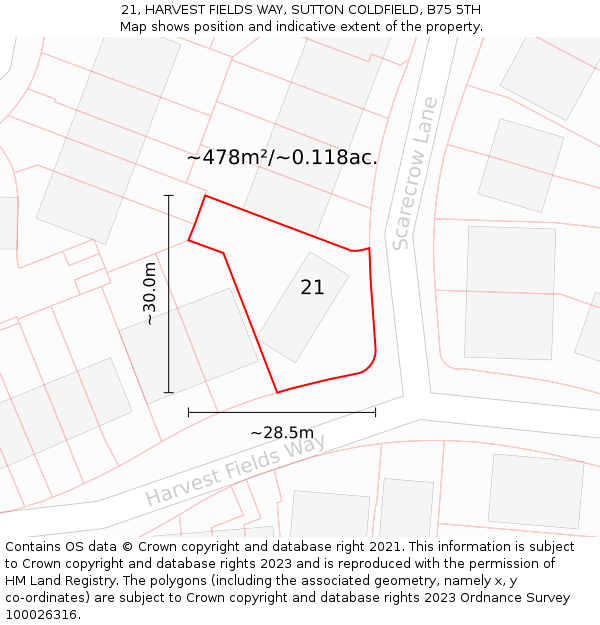21, HARVEST FIELDS WAY, SUTTON COLDFIELD, B75 5TH: Plot and title map