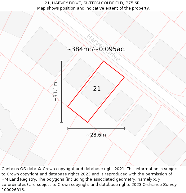 21, HARVEY DRIVE, SUTTON COLDFIELD, B75 6PL: Plot and title map