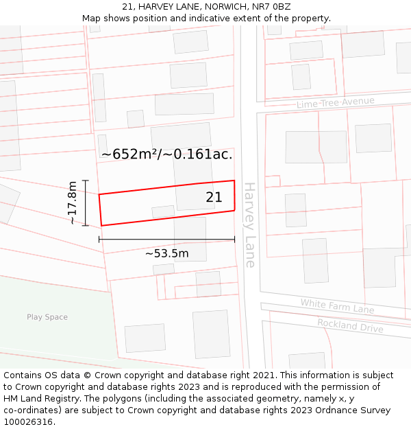 21, HARVEY LANE, NORWICH, NR7 0BZ: Plot and title map