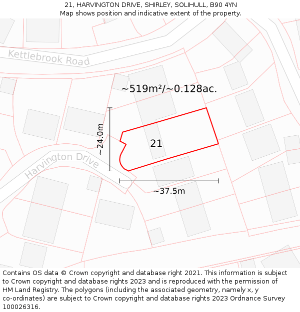 21, HARVINGTON DRIVE, SHIRLEY, SOLIHULL, B90 4YN: Plot and title map