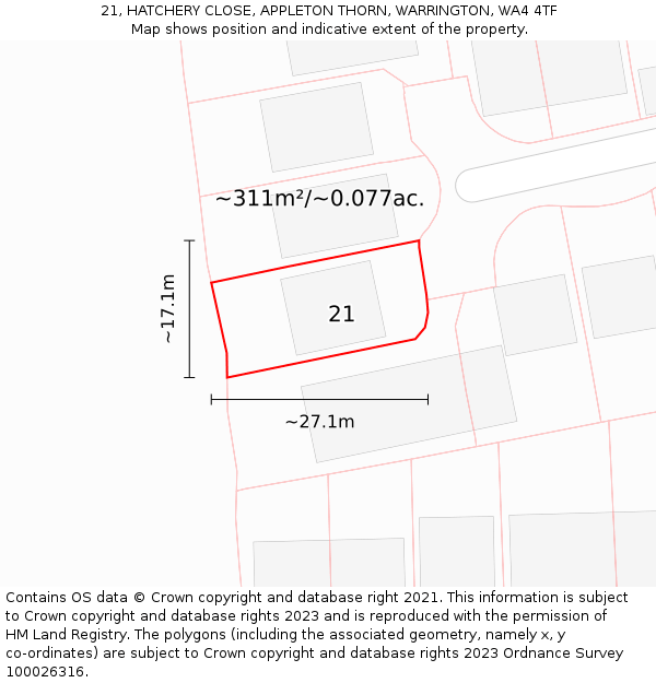 21, HATCHERY CLOSE, APPLETON THORN, WARRINGTON, WA4 4TF: Plot and title map