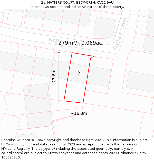 21, HATTERS COURT, BEDWORTH, CV12 9AU: Plot and title map