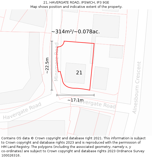 21, HAVERGATE ROAD, IPSWICH, IP3 9GE: Plot and title map