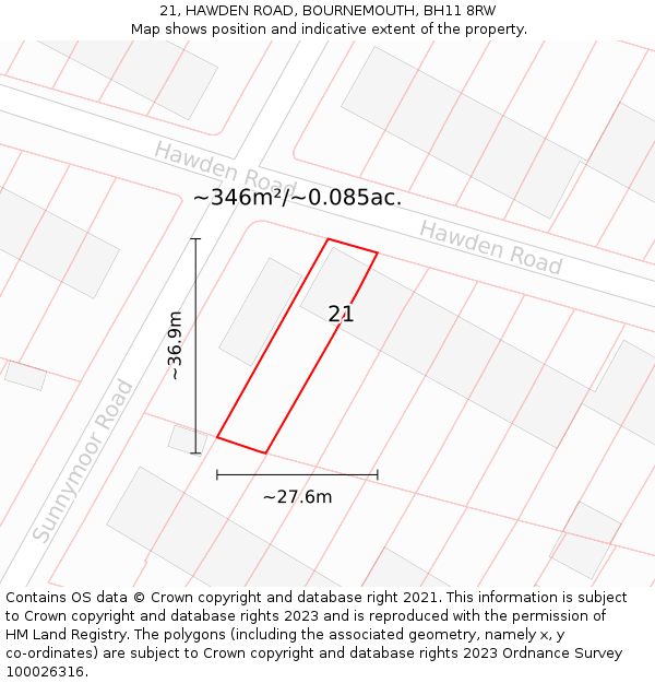 21, HAWDEN ROAD, BOURNEMOUTH, BH11 8RW: Plot and title map
