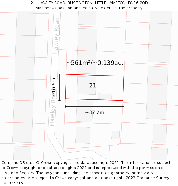 21, HAWLEY ROAD, RUSTINGTON, LITTLEHAMPTON, BN16 2QD: Plot and title map