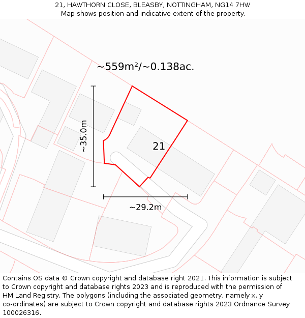 21, HAWTHORN CLOSE, BLEASBY, NOTTINGHAM, NG14 7HW: Plot and title map