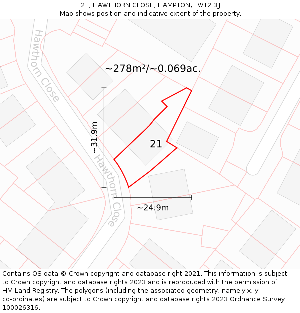 21, HAWTHORN CLOSE, HAMPTON, TW12 3JJ: Plot and title map