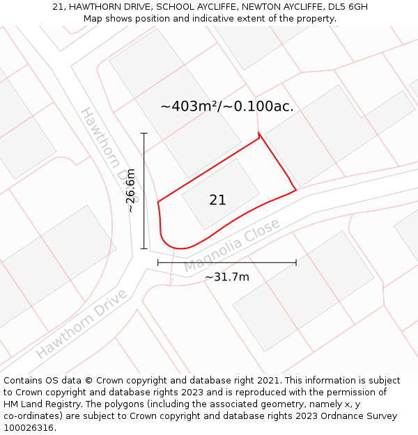 21, HAWTHORN DRIVE, SCHOOL AYCLIFFE, NEWTON AYCLIFFE, DL5 6GH: Plot and title map