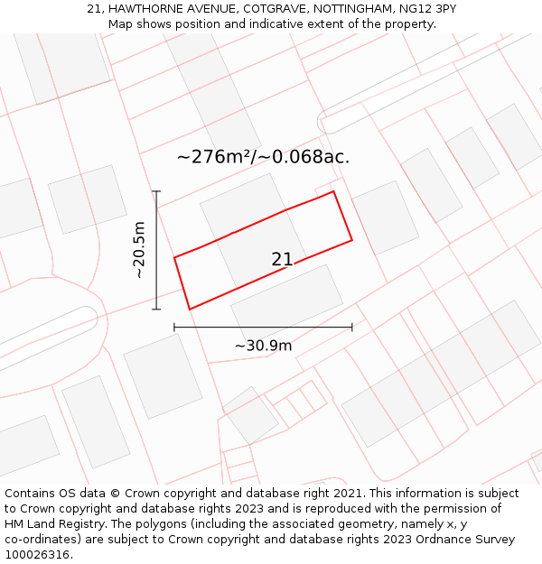 21, HAWTHORNE AVENUE, COTGRAVE, NOTTINGHAM, NG12 3PY: Plot and title map