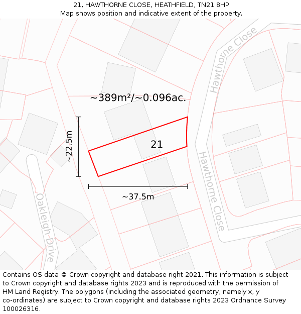 21, HAWTHORNE CLOSE, HEATHFIELD, TN21 8HP: Plot and title map