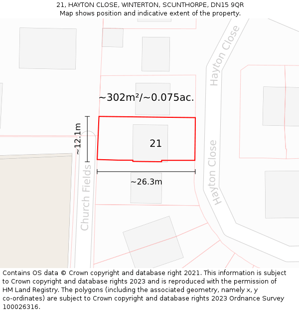 21, HAYTON CLOSE, WINTERTON, SCUNTHORPE, DN15 9QR: Plot and title map