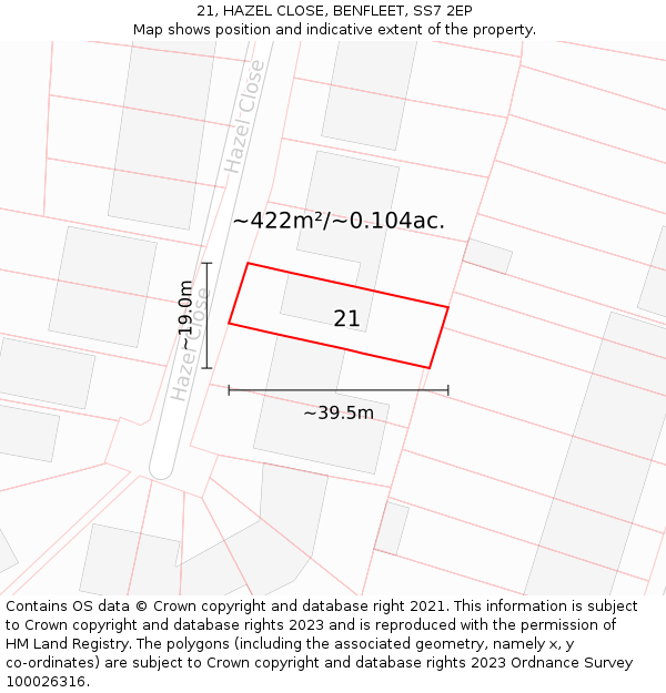 21, HAZEL CLOSE, BENFLEET, SS7 2EP: Plot and title map