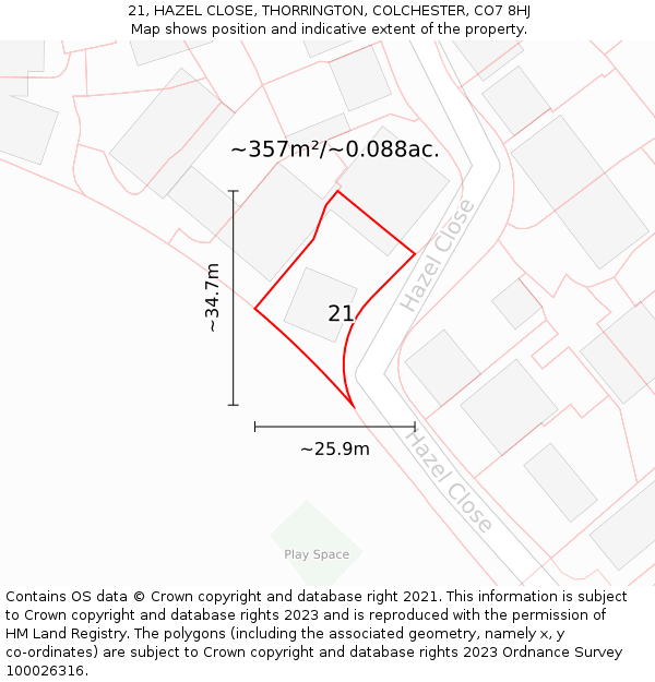 21, HAZEL CLOSE, THORRINGTON, COLCHESTER, CO7 8HJ: Plot and title map