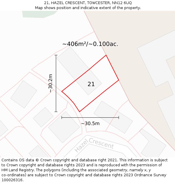 21, HAZEL CRESCENT, TOWCESTER, NN12 6UQ: Plot and title map