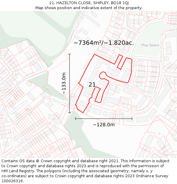 21, HAZELTON CLOSE, SHIPLEY, BD18 1QJ: Plot and title map