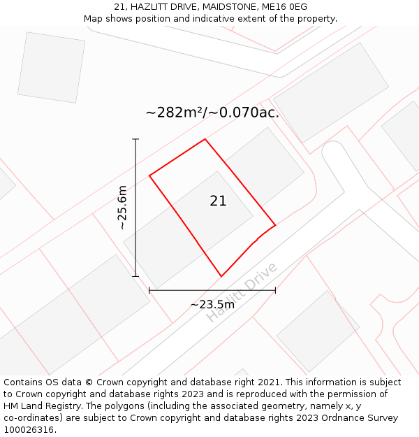 21, HAZLITT DRIVE, MAIDSTONE, ME16 0EG: Plot and title map
