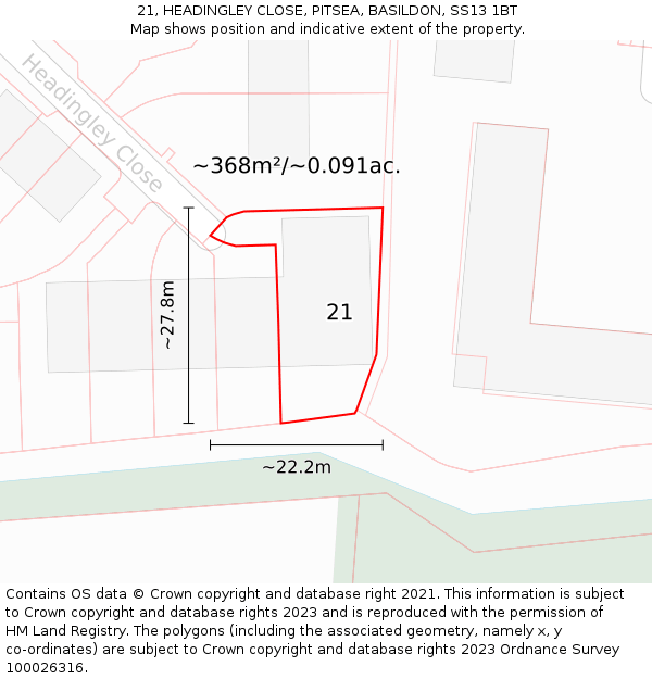 21, HEADINGLEY CLOSE, PITSEA, BASILDON, SS13 1BT: Plot and title map