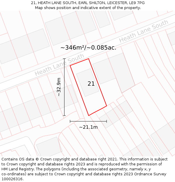 21, HEATH LANE SOUTH, EARL SHILTON, LEICESTER, LE9 7PG: Plot and title map