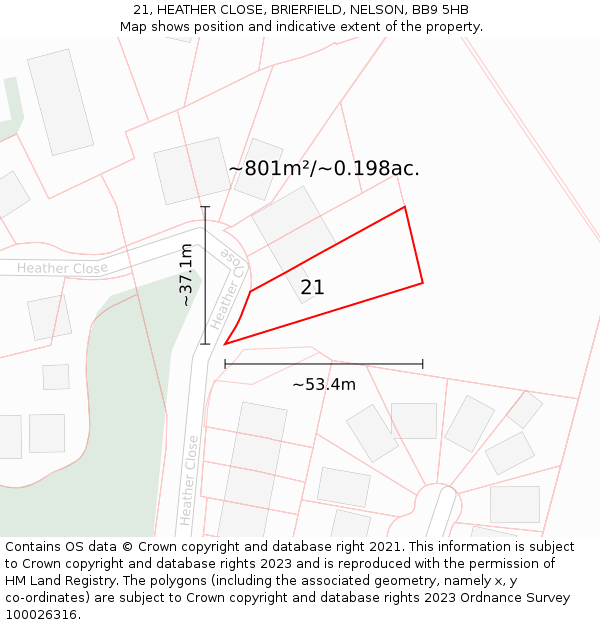 21, HEATHER CLOSE, BRIERFIELD, NELSON, BB9 5HB: Plot and title map