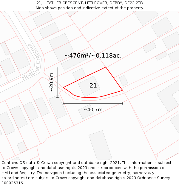 21, HEATHER CRESCENT, LITTLEOVER, DERBY, DE23 2TD: Plot and title map