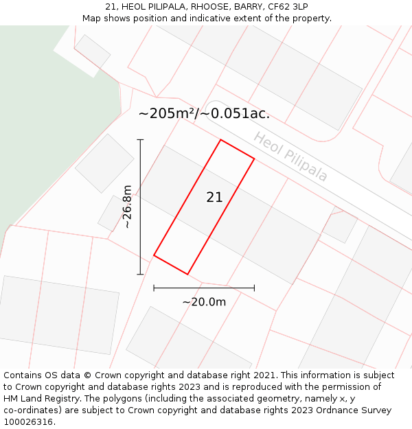 21, HEOL PILIPALA, RHOOSE, BARRY, CF62 3LP: Plot and title map