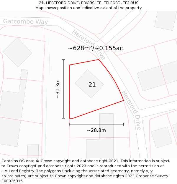 21, HEREFORD DRIVE, PRIORSLEE, TELFORD, TF2 9US: Plot and title map