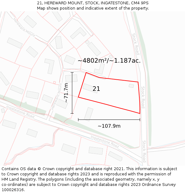 21, HEREWARD MOUNT, STOCK, INGATESTONE, CM4 9PS: Plot and title map