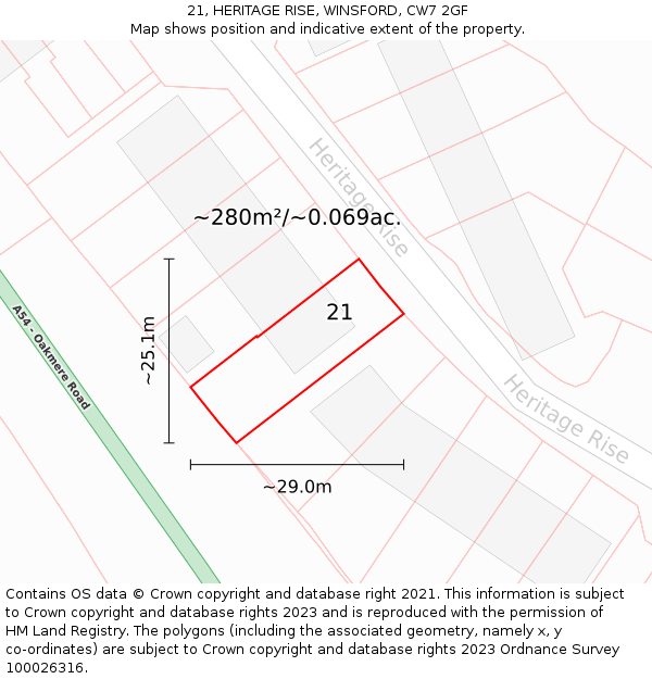 21, HERITAGE RISE, WINSFORD, CW7 2GF: Plot and title map
