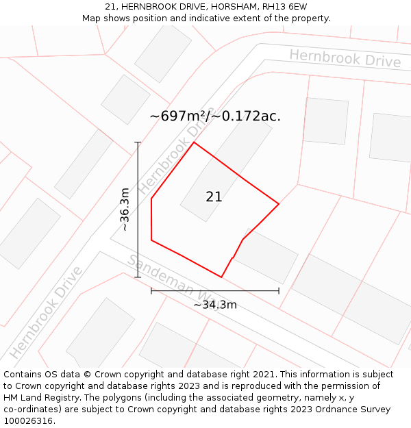 21, HERNBROOK DRIVE, HORSHAM, RH13 6EW: Plot and title map