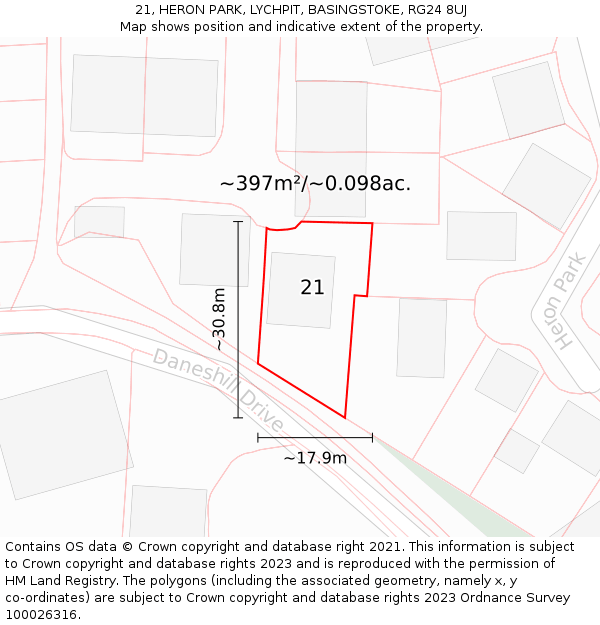21, HERON PARK, LYCHPIT, BASINGSTOKE, RG24 8UJ: Plot and title map