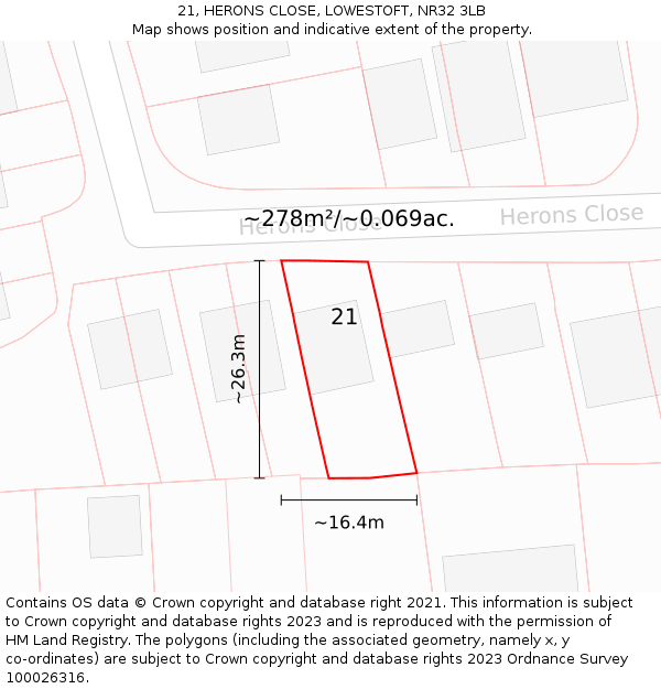 21, HERONS CLOSE, LOWESTOFT, NR32 3LB: Plot and title map