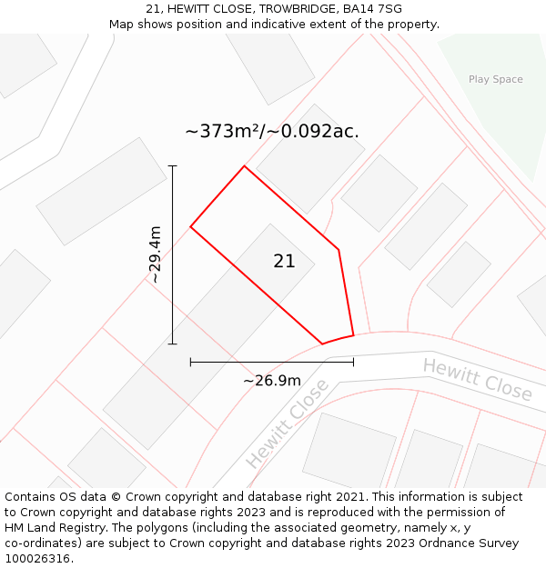 21, HEWITT CLOSE, TROWBRIDGE, BA14 7SG: Plot and title map