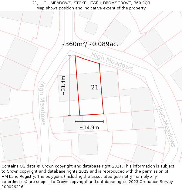 21, HIGH MEADOWS, STOKE HEATH, BROMSGROVE, B60 3QR: Plot and title map