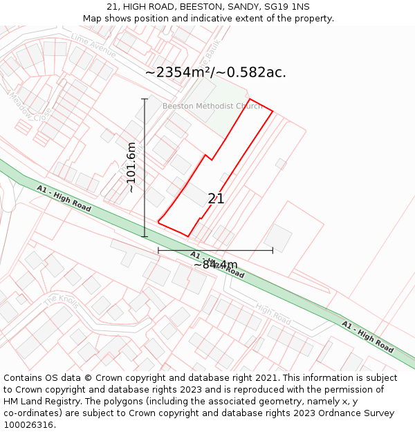 21, HIGH ROAD, BEESTON, SANDY, SG19 1NS: Plot and title map