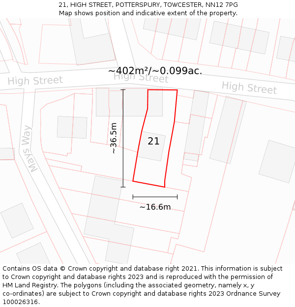 21, HIGH STREET, POTTERSPURY, TOWCESTER, NN12 7PG: Plot and title map