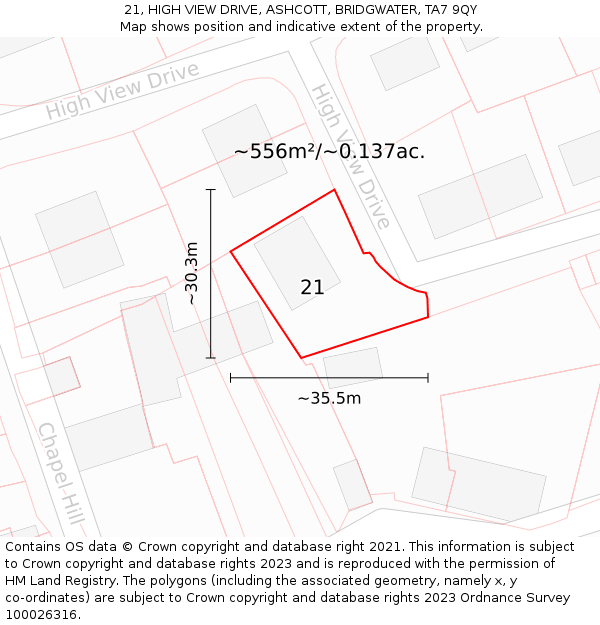 21, HIGH VIEW DRIVE, ASHCOTT, BRIDGWATER, TA7 9QY: Plot and title map