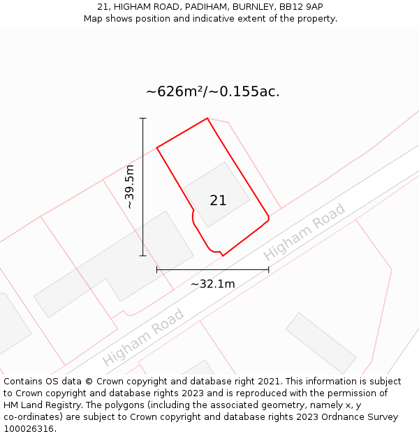 21, HIGHAM ROAD, PADIHAM, BURNLEY, BB12 9AP: Plot and title map