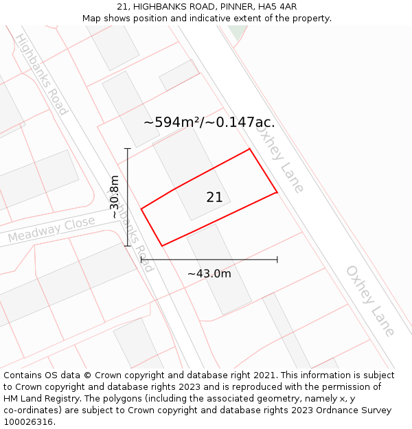 21, HIGHBANKS ROAD, PINNER, HA5 4AR: Plot and title map