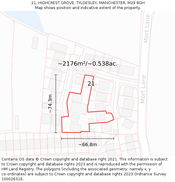 21, HIGHCREST GROVE, TYLDESLEY, MANCHESTER, M29 8GH: Plot and title map