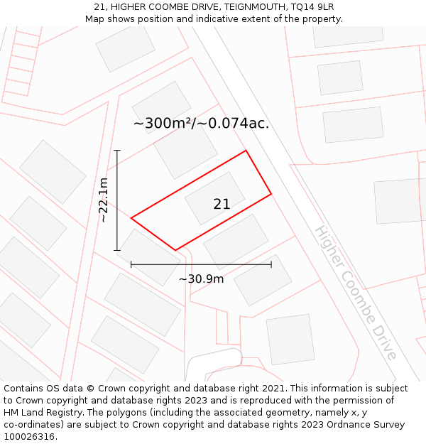 21, HIGHER COOMBE DRIVE, TEIGNMOUTH, TQ14 9LR: Plot and title map