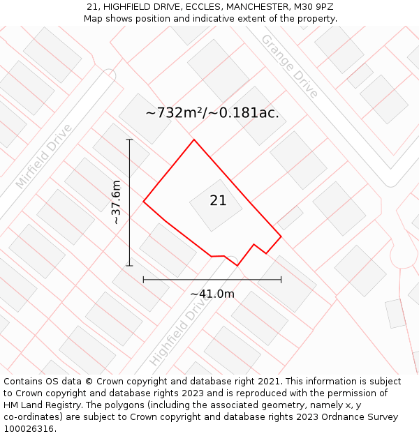 21, HIGHFIELD DRIVE, ECCLES, MANCHESTER, M30 9PZ: Plot and title map