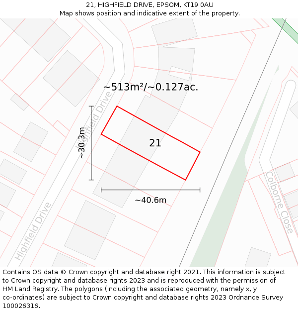 21, HIGHFIELD DRIVE, EPSOM, KT19 0AU: Plot and title map