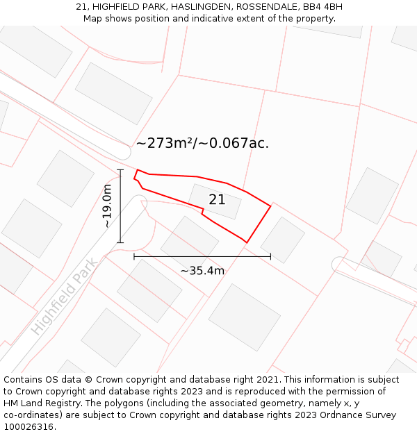 21, HIGHFIELD PARK, HASLINGDEN, ROSSENDALE, BB4 4BH: Plot and title map