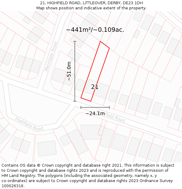21, HIGHFIELD ROAD, LITTLEOVER, DERBY, DE23 1DH: Plot and title map
