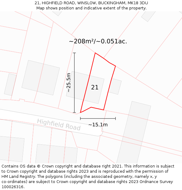 21, HIGHFIELD ROAD, WINSLOW, BUCKINGHAM, MK18 3DU: Plot and title map