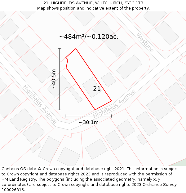 21, HIGHFIELDS AVENUE, WHITCHURCH, SY13 1TB: Plot and title map