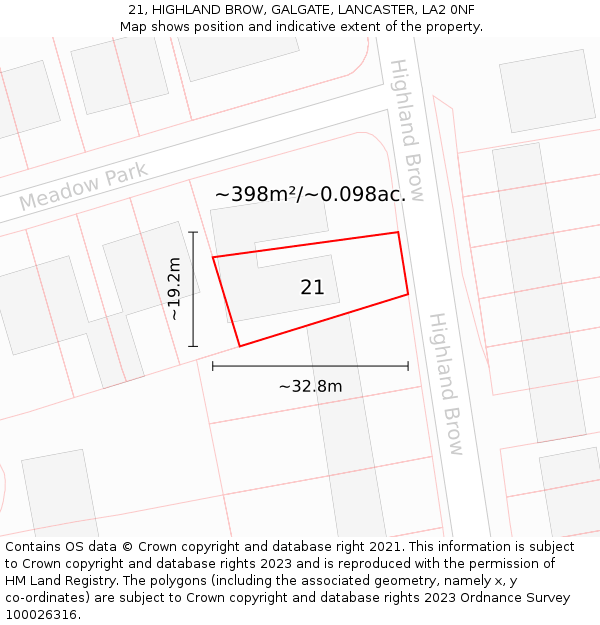 21, HIGHLAND BROW, GALGATE, LANCASTER, LA2 0NF: Plot and title map