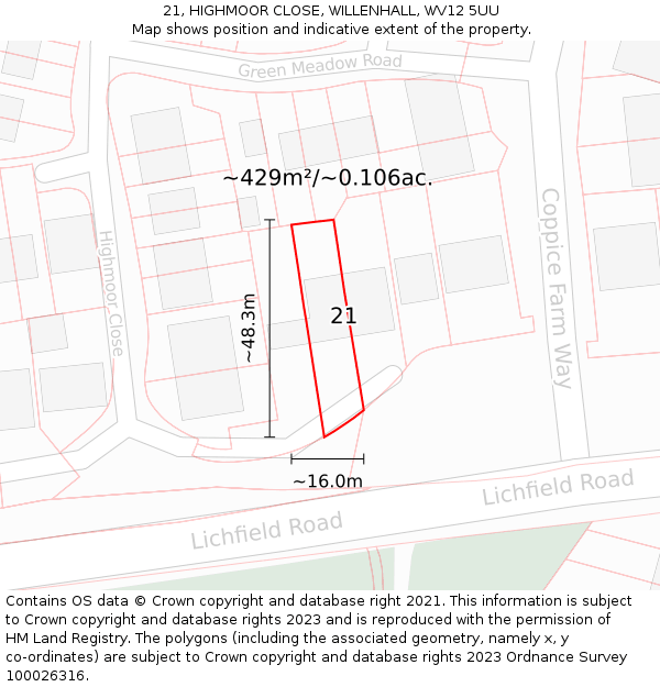 21, HIGHMOOR CLOSE, WILLENHALL, WV12 5UU: Plot and title map