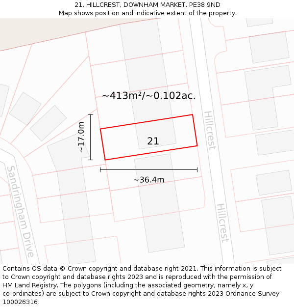 21, HILLCREST, DOWNHAM MARKET, PE38 9ND: Plot and title map