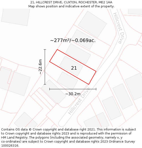21, HILLCREST DRIVE, CUXTON, ROCHESTER, ME2 1AA: Plot and title map